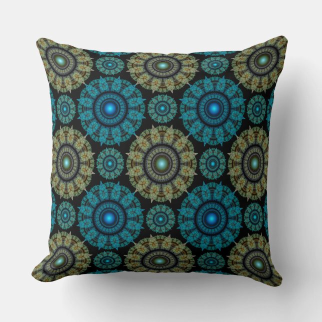 Green blue fractal sacred pattern throw pillow (Front)