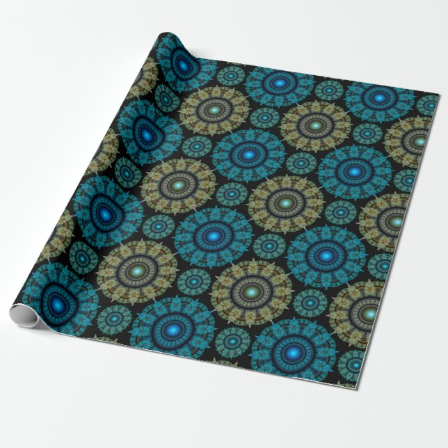 Green blue fractal sacred pattern wrapping paper (Unrolled)