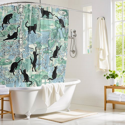 Green Blue French Cat Paris Cafe Shower Curtain