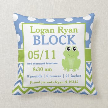 Green Blue Frog Baby Announcement Pillow by mybabytee at Zazzle