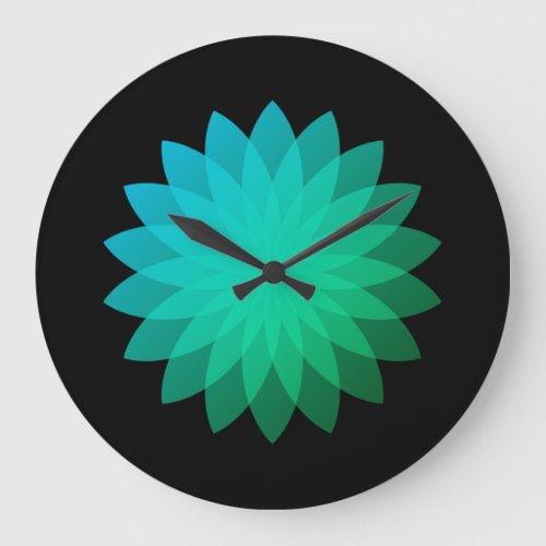 Green Blue Geometric Translucent Flower on Black Large Clock