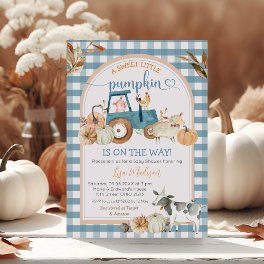 Green Blue Gingham Sweet Pumpkin Fall Baby Shower Invitation