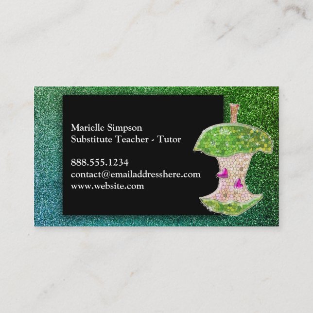 Green Blue Glitter Apple Substitute Teacher Tutor Business Card (Back)