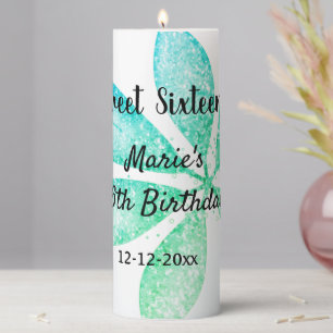 green blue glitter leaves 16 th birthday add name  pillar candle