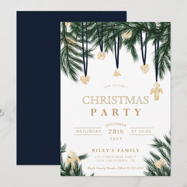 Green blue gold Christmas pine branches glitter Invitation (Front/Back)