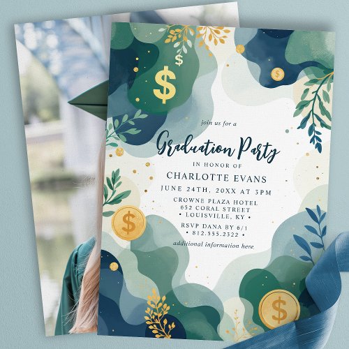 Other Occasions 16 Green Blue Gold Finance Dollar Photo Grad Party Invitation