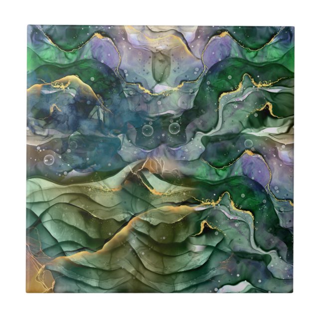 Green blue gold ink abstract ceramic tile (Front)