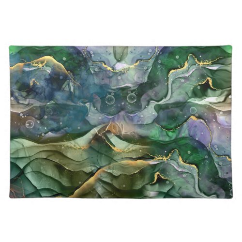 Green blue gold ink abstract cloth placemat