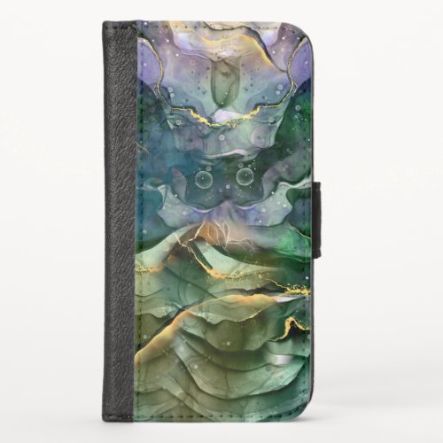 Green blue gold ink abstract iPhone x wallet case