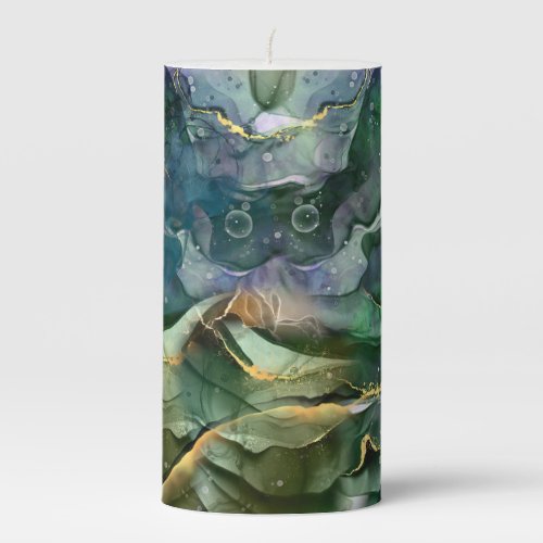 Green blue gold ink abstract pillar candle