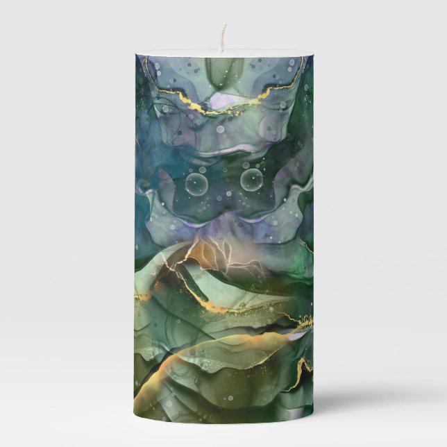 Green blue gold ink abstract pillar candle (Front)