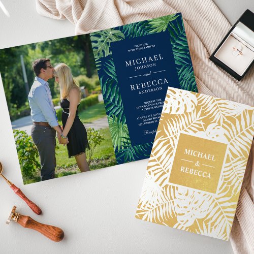 Green Blue Gold Palm Leaves Wedding Invitation