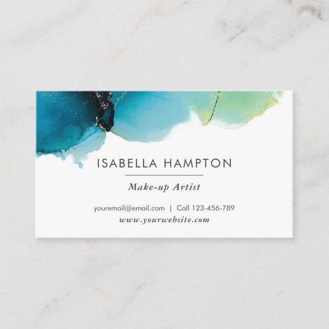 Green blue gold watercolor ink business card (Front)