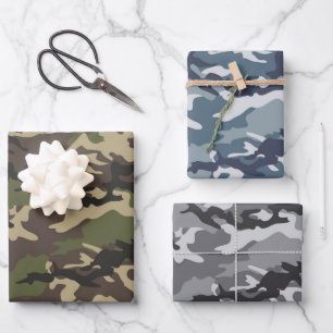 Green, Blue & Gray Camo Camouflage Wrapping Paper Sheets