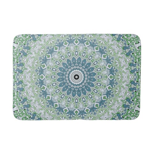 Green Blue Gray Coastal Mandala Kaleidoscope Bath Mat