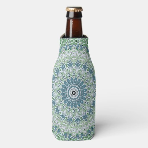 Green Blue Gray Coastal Mandala Kaleidoscope Bottle Cooler