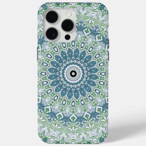 Green Blue Gray Coastal Mandala Kaleidoscope iPhone 15 Pro Max Case