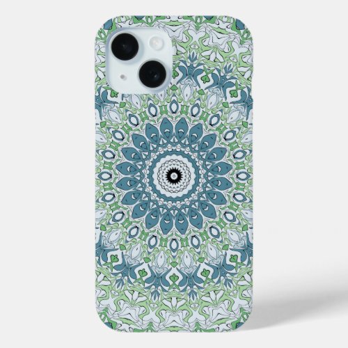 Green Blue Gray Coastal Mandala Kaleidoscope iPhone 15 Case