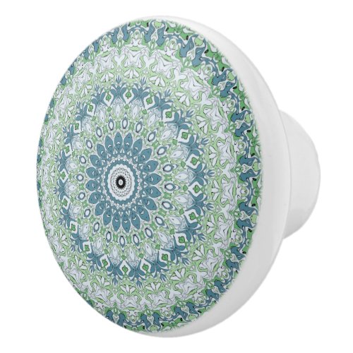 Green Blue Gray Coastal Mandala Kaleidoscope Ceramic Knob