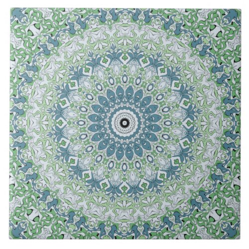 Green Blue Gray Coastal Mandala Kaleidoscope Ceramic Tile