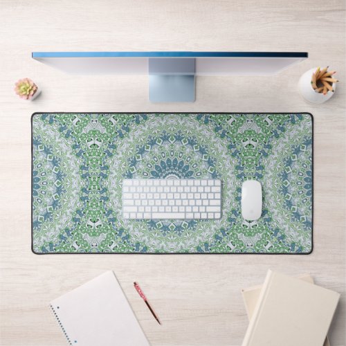 Green Blue Gray Coastal Mandala Kaleidoscope Desk Mat