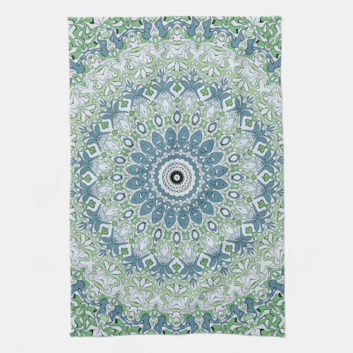 Green Blue Gray Coastal Mandala Kaleidoscope Kitchen Towel