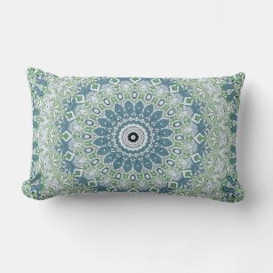 Green Blue Gray Coastal Mandala Kaleidoscope Lumbar Pillow