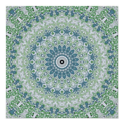 Green Blue Gray Coastal Mandala Kaleidoscope Poster