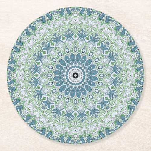 Green Blue Gray Coastal Mandala Kaleidoscope Round Paper Coaster