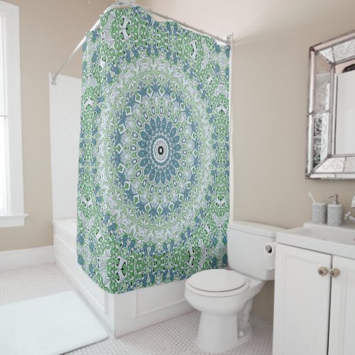 Green Blue Gray Coastal Mandala Kaleidoscope Shower Curtain