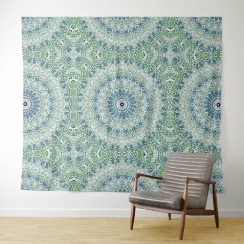 Green Blue Gray Coastal Mandala Kaleidoscope Tapestry