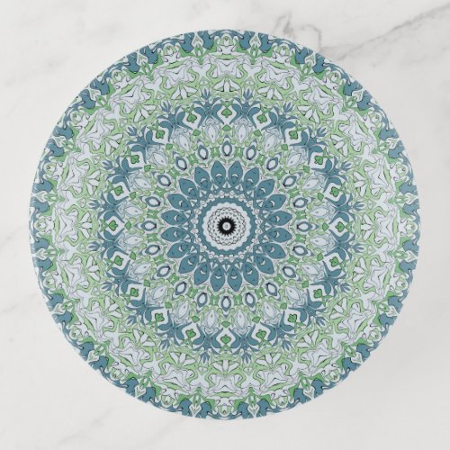 Green Blue Gray Coastal Mandala Kaleidoscope Trinket Tray