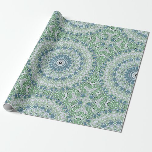 Green Blue Gray Coastal Mandala Kaleidoscope Wrapping Paper