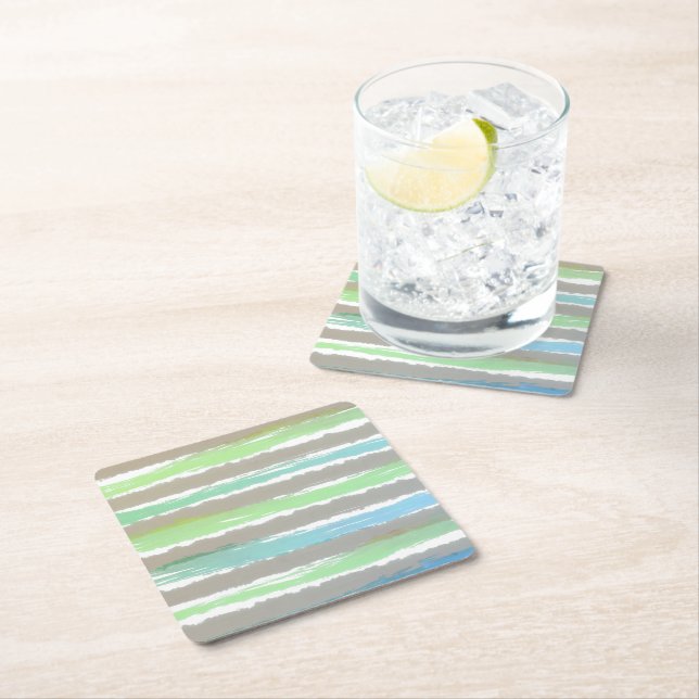 Green Blue Gray Watercolor Stripes  Square Paper Coaster (Insitu)