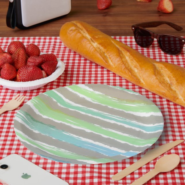 Green Blue Gray White Watercolor Stripes Paper Plates (Picnic)