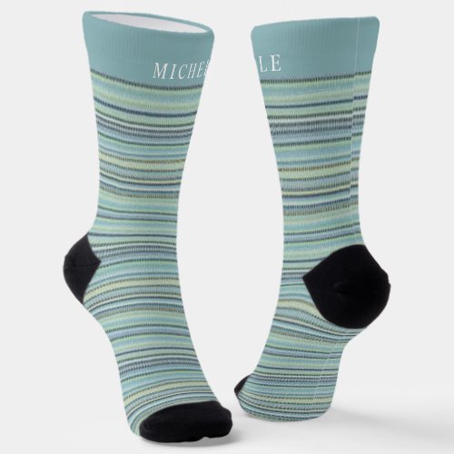 Green Blue Grey Lines Striped Custom Name  Socks