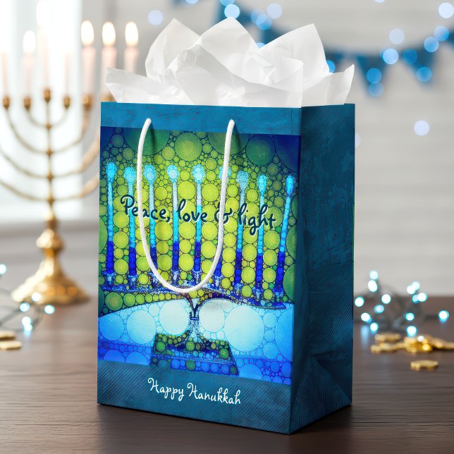 Green Blue Hanukkah Menorah Peace Love Light Medium Gift Bag (Creator Uploaded)