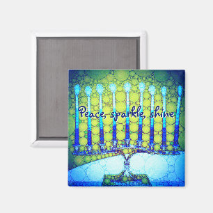 Green Blue Hanukkah Menorah Peace Sparkle Shine Magnet