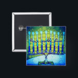 Green Blue Hanukkah Menorah Peace Sparkle Shine Pinback Button<br><div class="desc">“Peace, sparkle, shine.” A close-up photo of a bright, colorful, blue and green artsy menorah helps you usher in the holiday of Hanukkah in style. Feel the warmth and joy of the holiday season whenever you wear this chic, colorful Hanukkah button. Matching cards, postage, stickers, pillows, housewares, totebags, and other...</div>