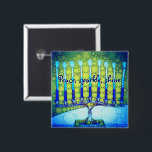 Green Blue Hanukkah Menorah Peace Sparkle Shine Pinback Button<br><div class="desc">“Peace, sparkle, shine.” A close-up photo of a bright, colorful, blue and green artsy menorah helps you usher in the holiday of Hanukkah in style. Feel the warmth and joy of the holiday season whenever you wear this chic, colorful Hanukkah button. Matching cards, postage, stickers, pillows, housewares, totebags, and other...</div>