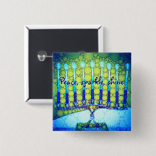 Green Blue Hanukkah Menorah Peace Sparkle Shine Pinback Button