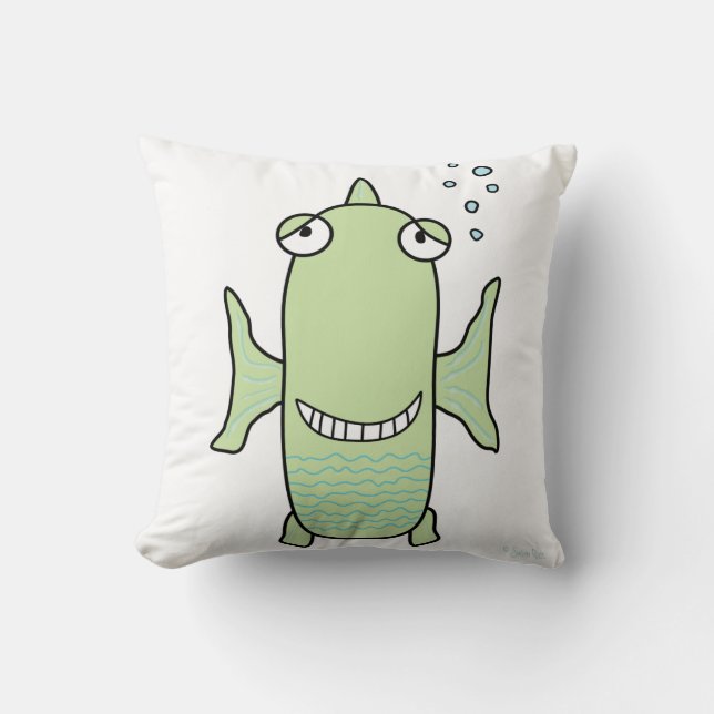 Green & Blue Happy Fish Reversible Pillow (Front)