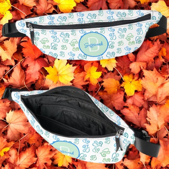Green & Blue Heart Pattern with Initial Monogram Fanny Pack (fanny pack views outside and inside with monogram and name template)
