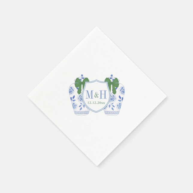 Green Blue Holidays Monogram Crest Wedding Napkins (Corner)