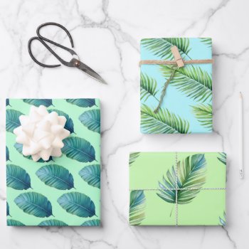 Green Blue Hues Watercolor Tropical Leaves  Wrapping Paper Sheets by alise_art at Zazzle