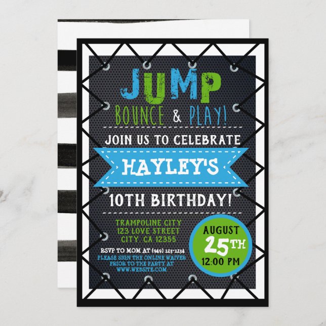 Green & Blue Jump & Play Trampoline Park Bounce Invitation (Front/Back)