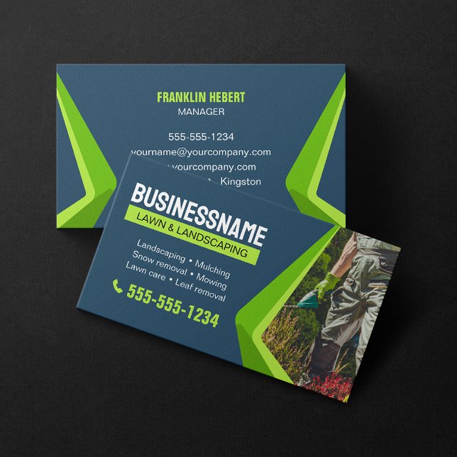 Green & Blue Landscaping Mowing Lawn Maintenance Business Card (Creator Uploaded)
