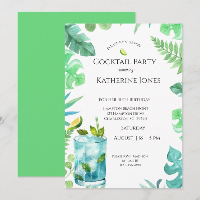 Green Blue Leaves 40th Birthday Cocktail Party   Invitation (Front/Back)