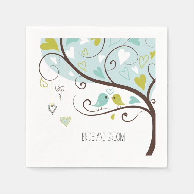 Green Blue Love Birds Wedding Napkins (Front)