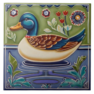 Green & Blue Mallard Duck European Folk Animal Art Ceramic Tile